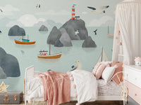Kids bedroom featuring a seaside wall mural with lighthouse and mountain illustrations.