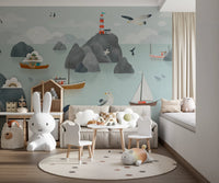 Seaside Stories Wall Mural in a playroom with white bunny chair and grey rug.