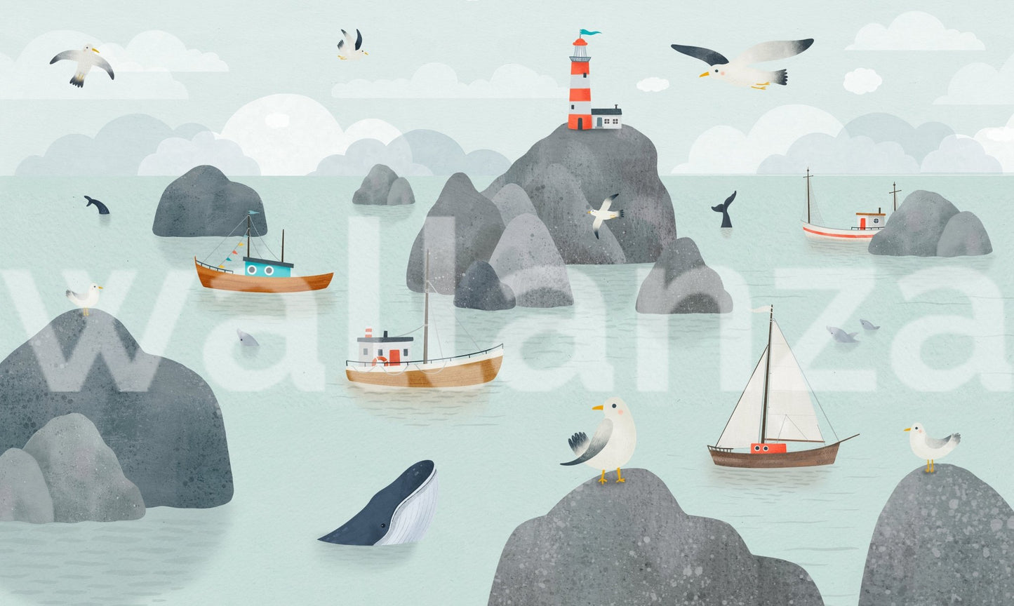 Seaside Stories wall mural with lighthouse and sea bird patterns.
