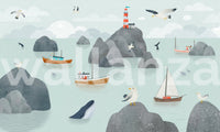 Seaside Stories wall mural with lighthouse and sea bird patterns.