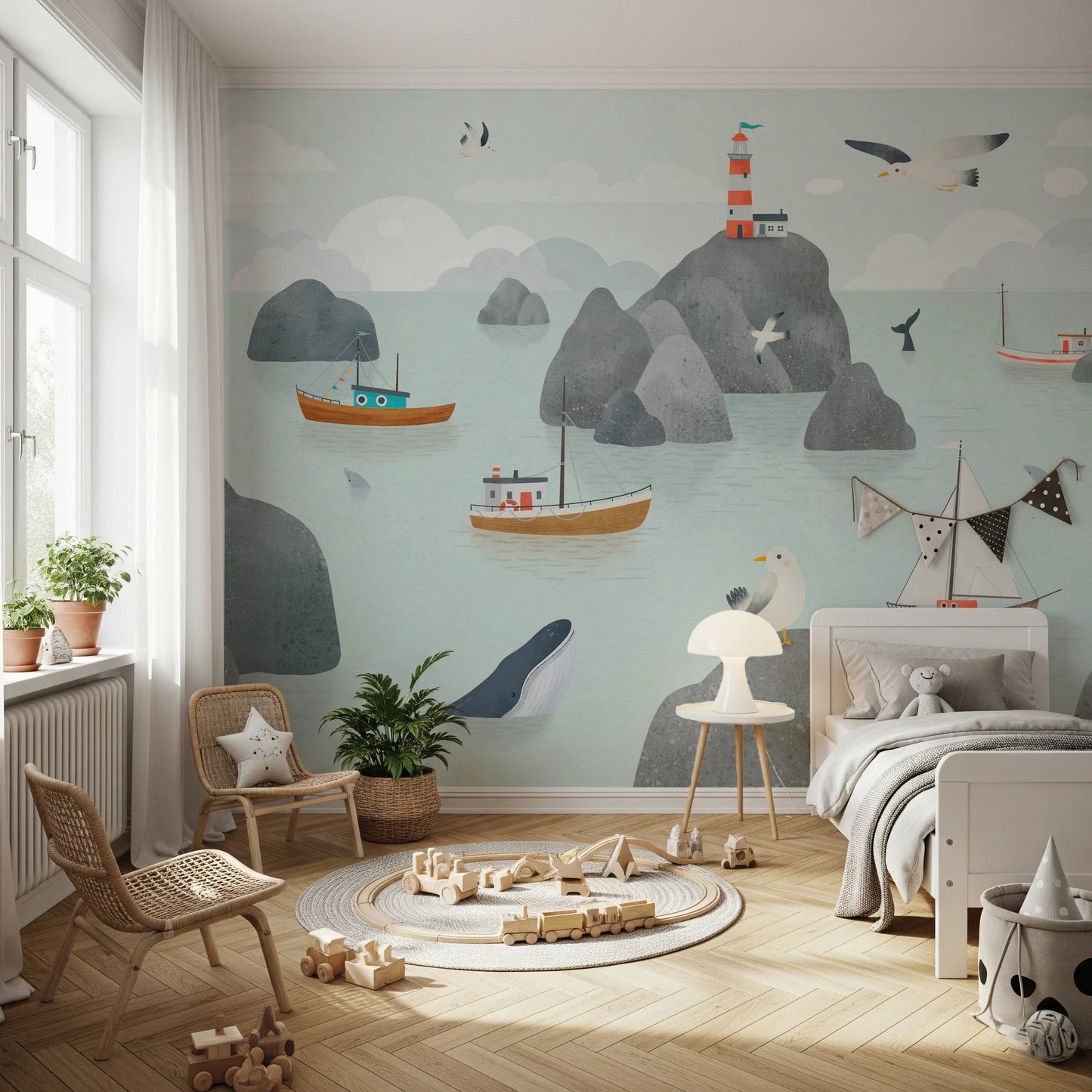 Detailed seaside wall mural with sailboats and ocean elements for bedrooms.
