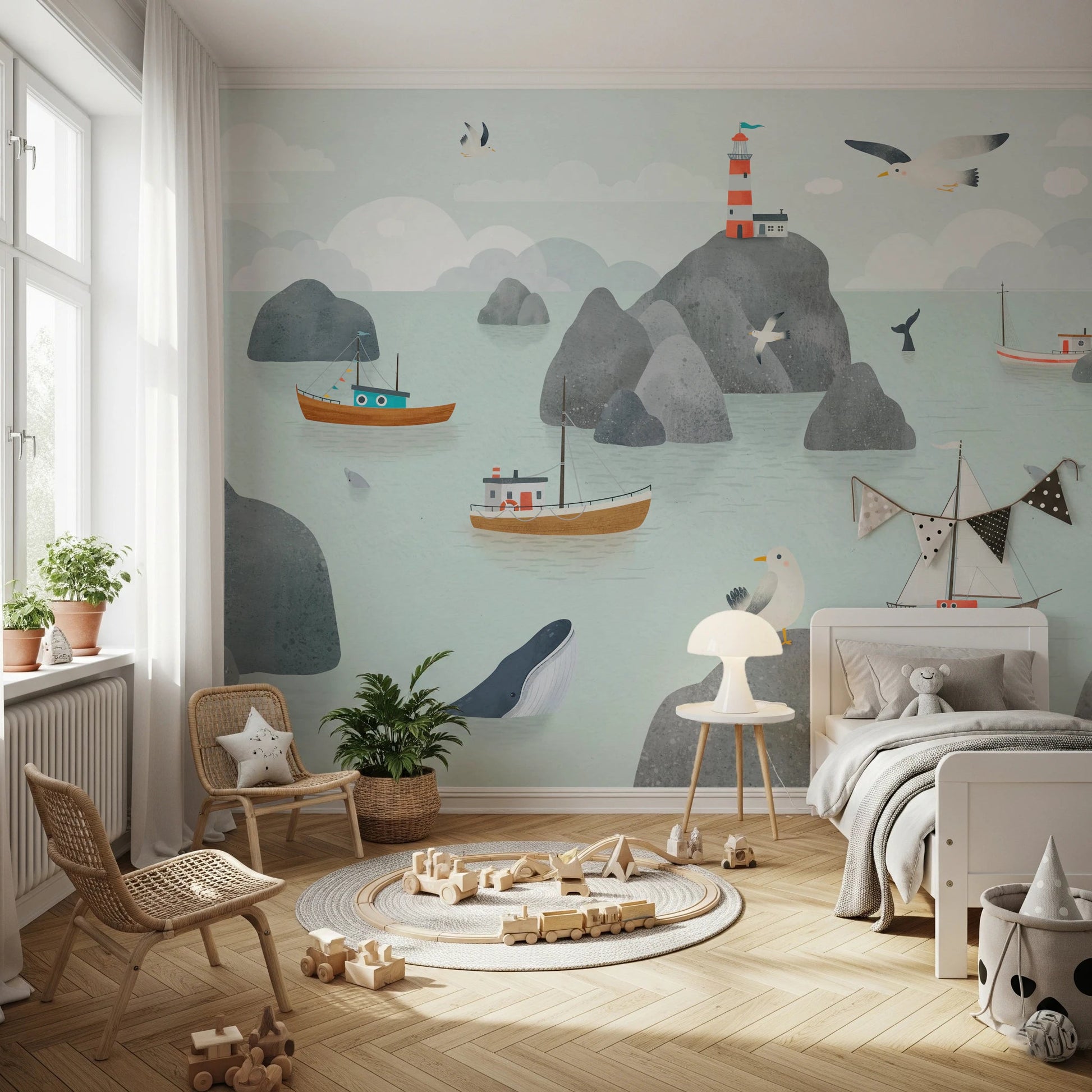 Detailed seaside wall mural with sailboats and ocean elements for bedrooms.