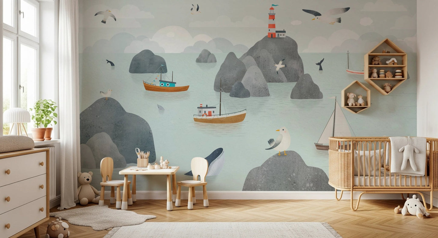 Seaside Stories Wall Mural in a spacious nursery with light wood flooring.