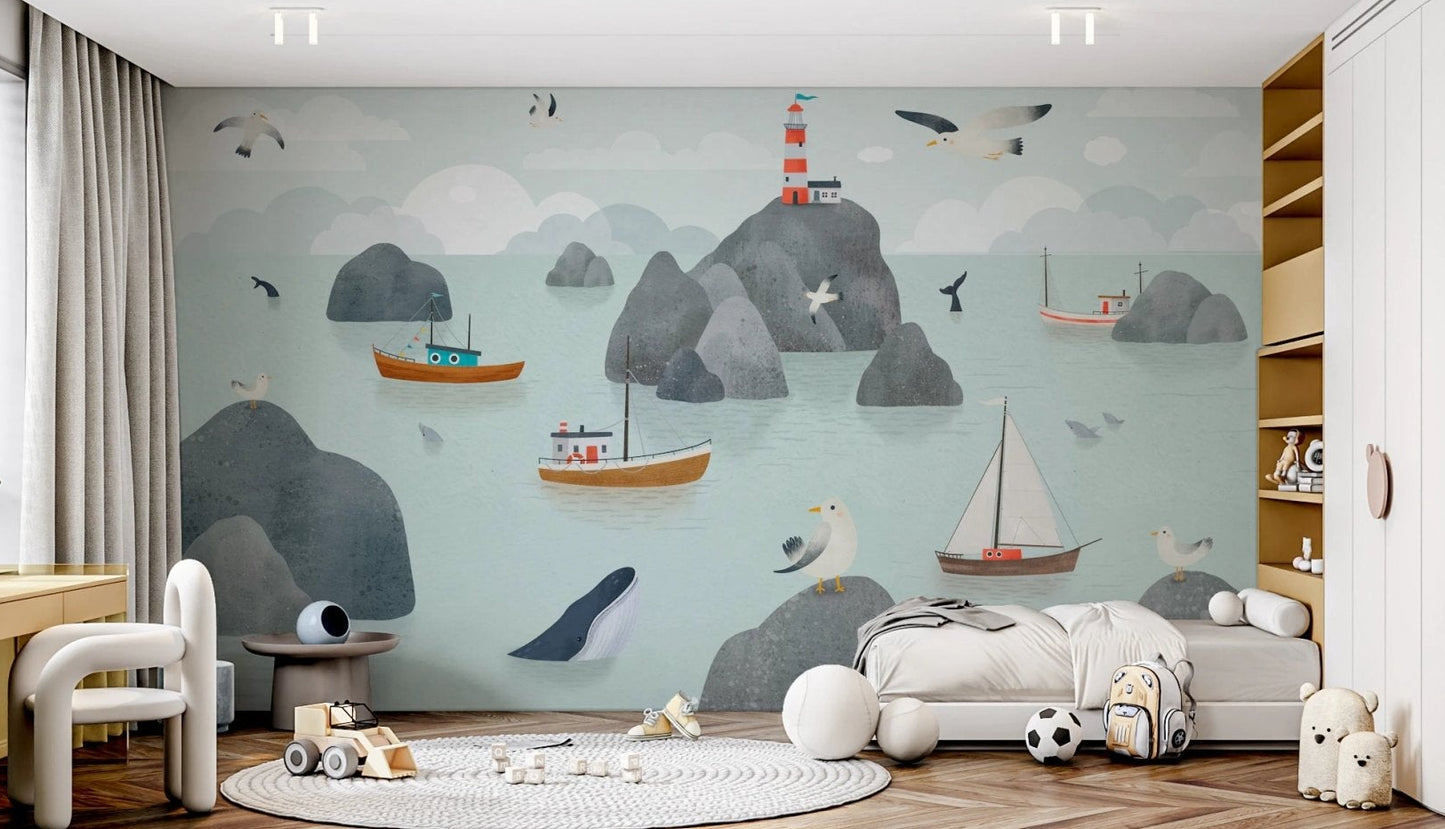 Shared kids bedroom with white beds and a nautical seaside wall mural backdrop.