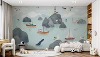 Shared kids bedroom with white beds and a nautical seaside wall mural backdrop.