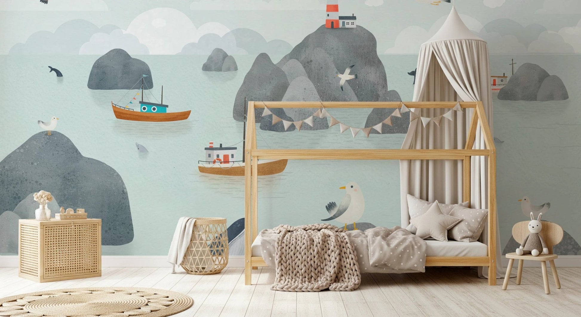 Seaside Stories Wall Mural behind a wooden house frame floor bed.
