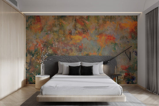 Abstract wall mural featuring impressionistic garden oil painting style.