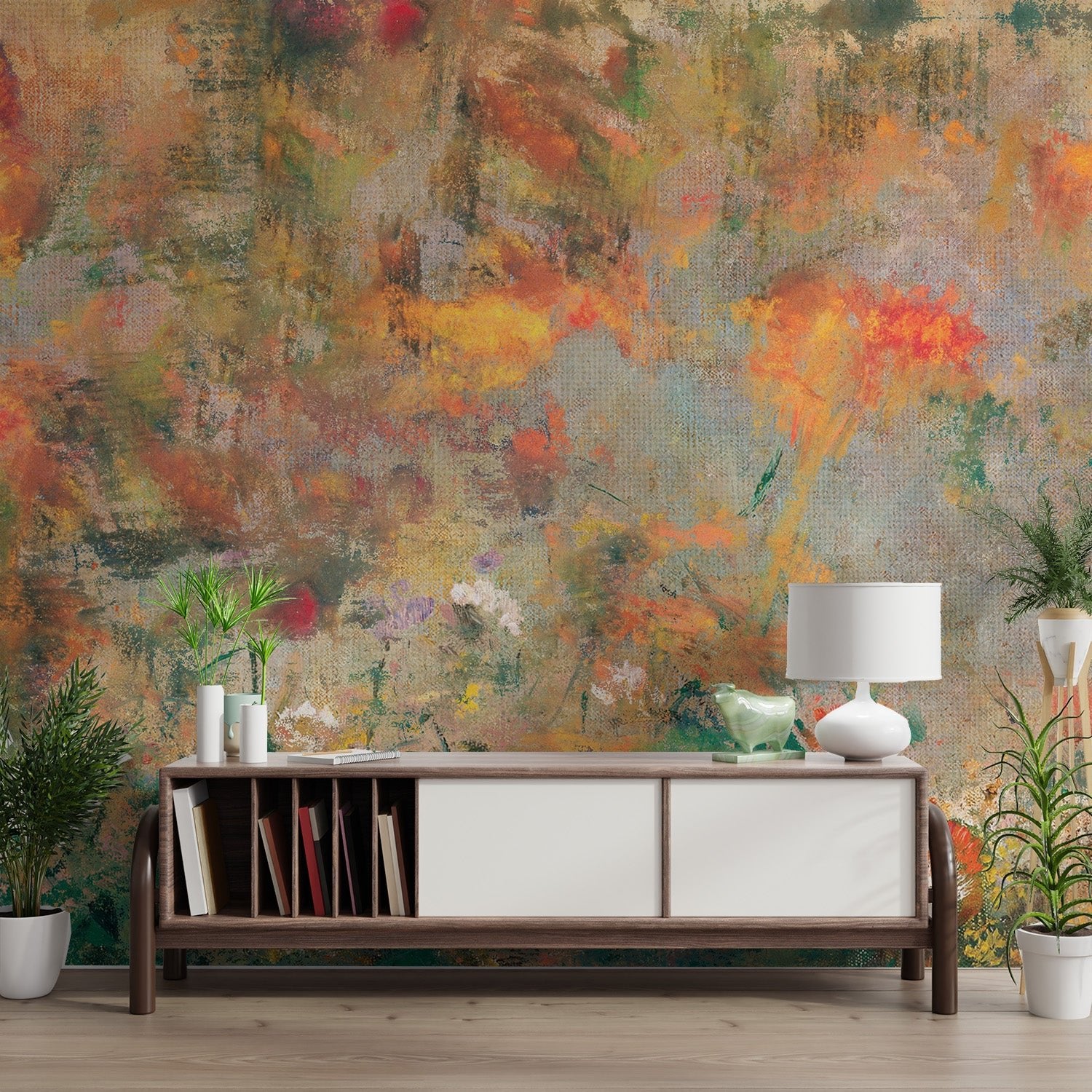 Textured abstract floral wallpaper with earthy ochre and terracotta brushstrokes.