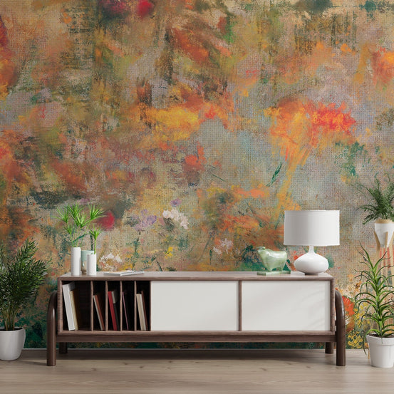 Textured abstract floral wallpaper with earthy ochre and terracotta brushstrokes.