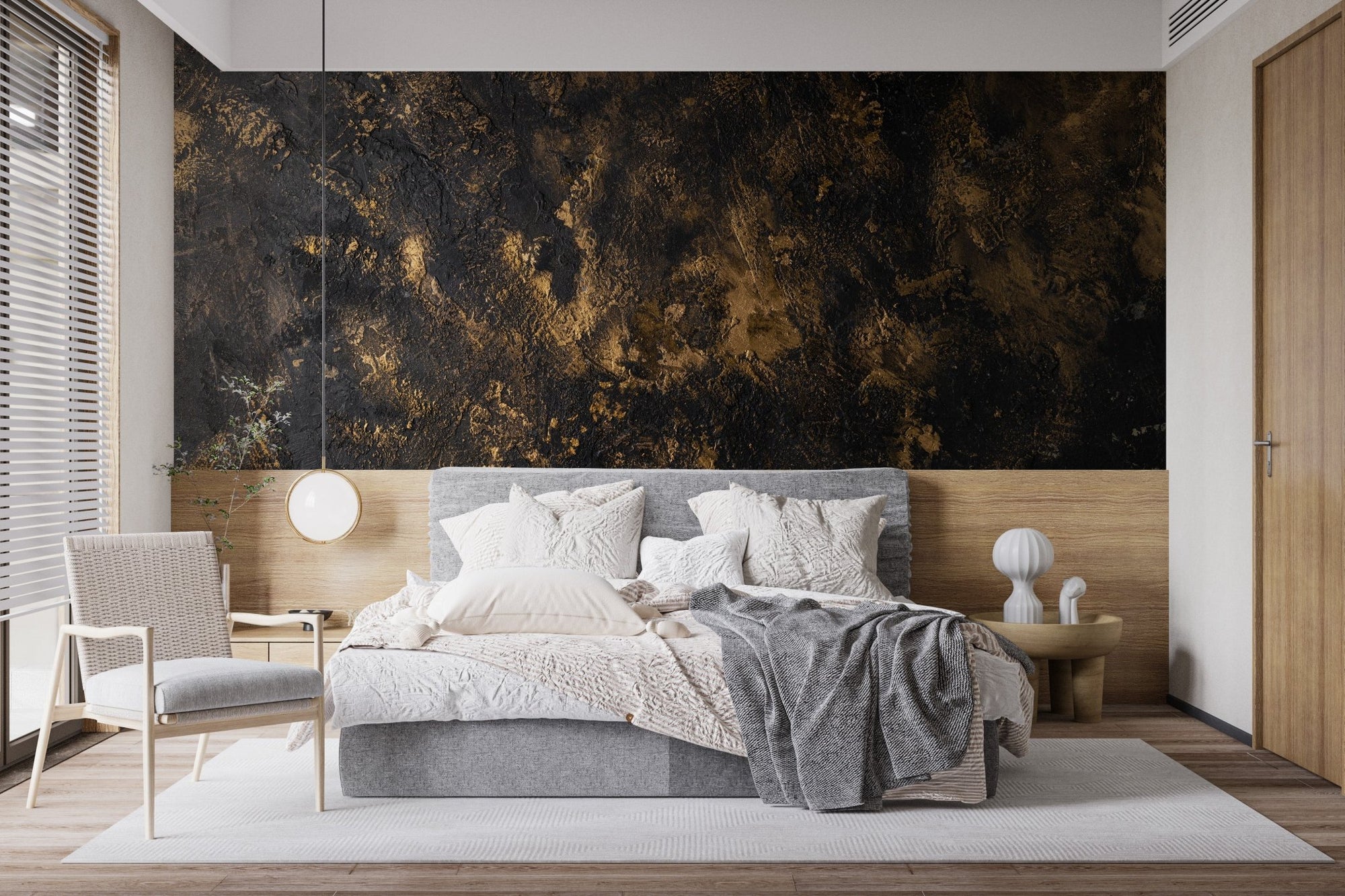 Bedroom feature wall with Textured Black & Gold Rush Wall Murals