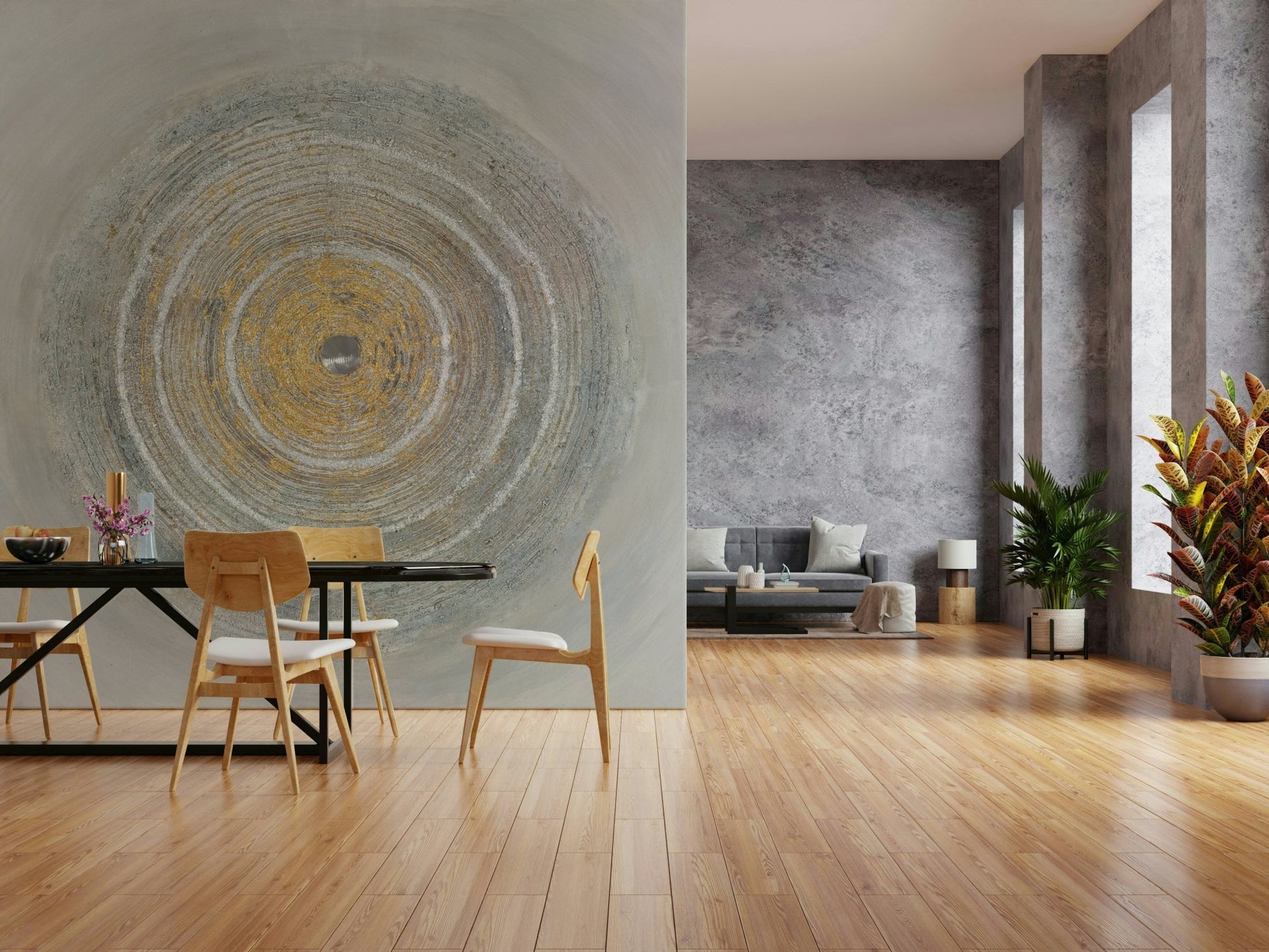 Dining room gray-gold texture accent wall