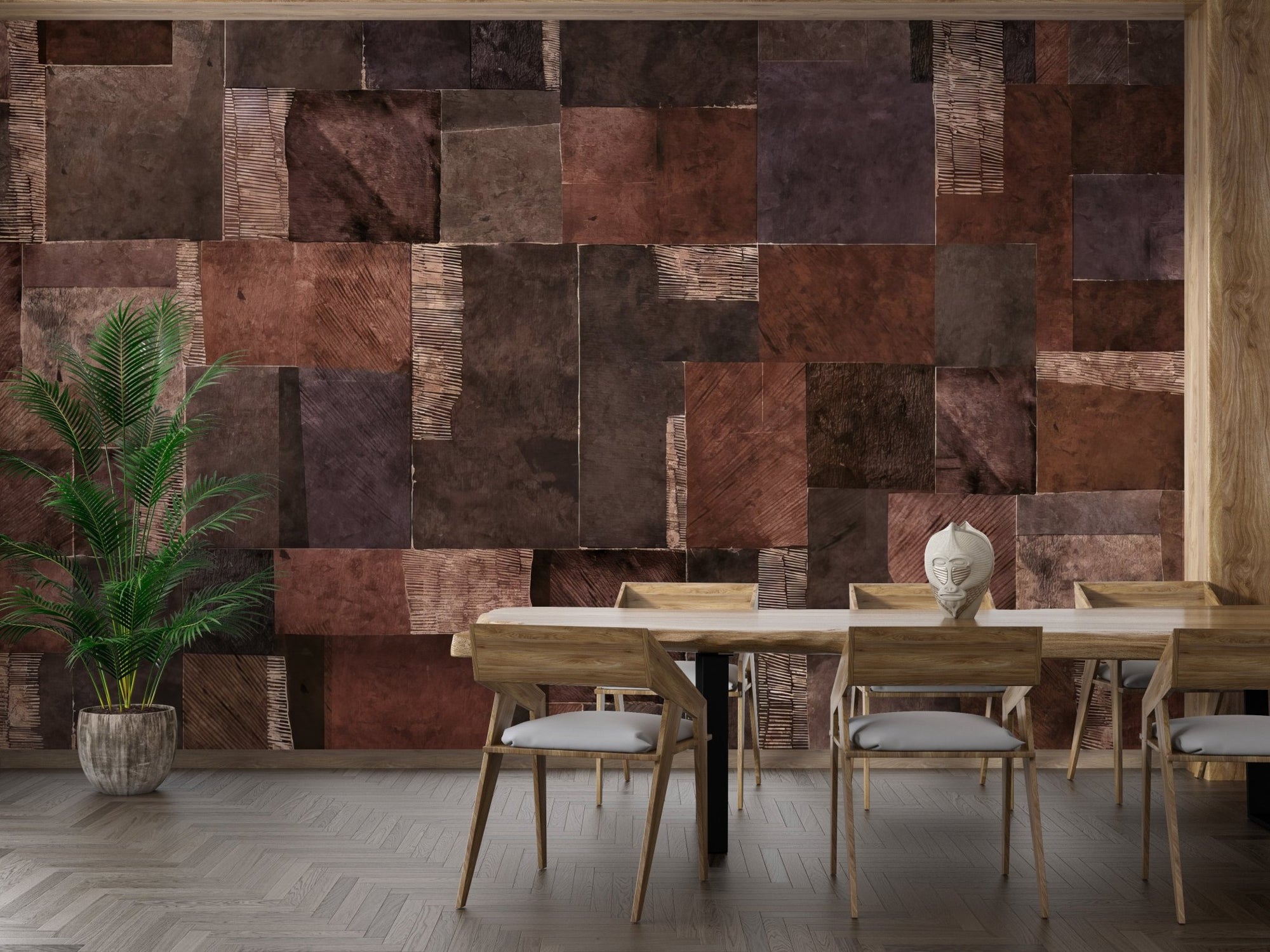 Earth tone wallpaper mural with modern patchwork layout.