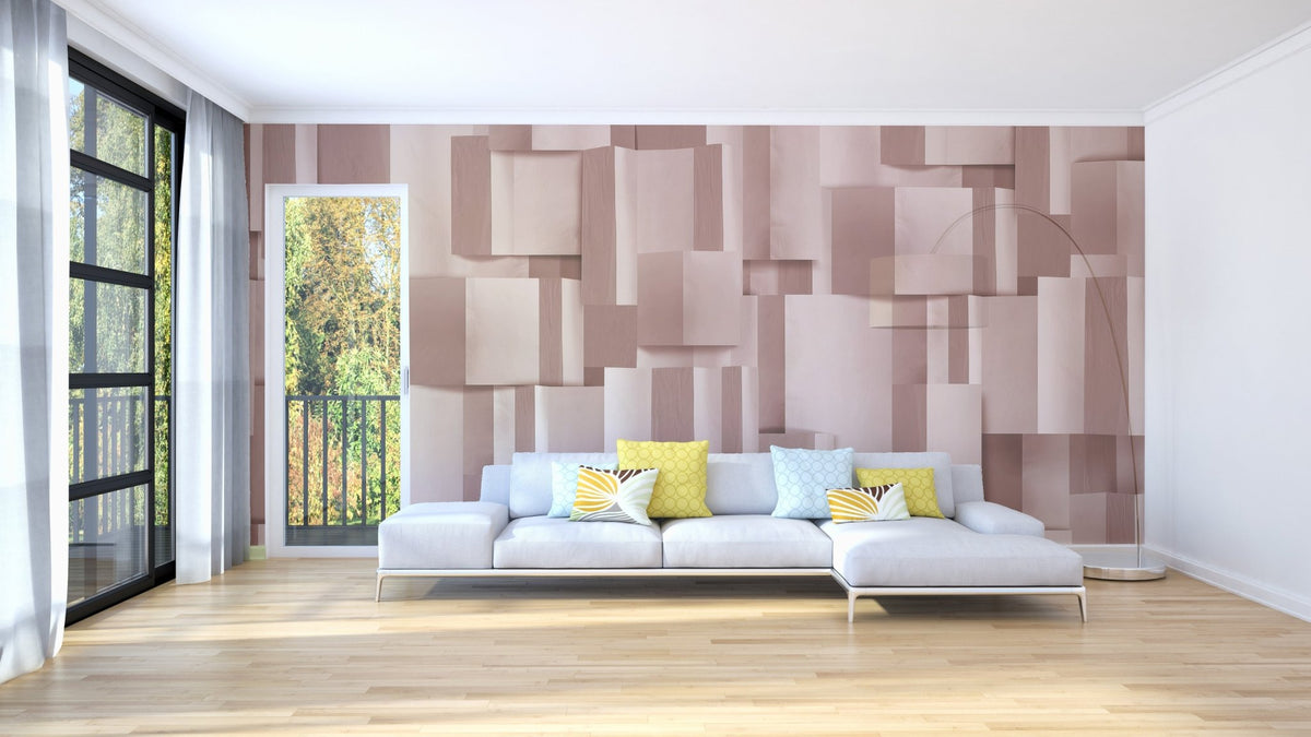 Modern pink textured wallpaper mural with abstract block layout.
