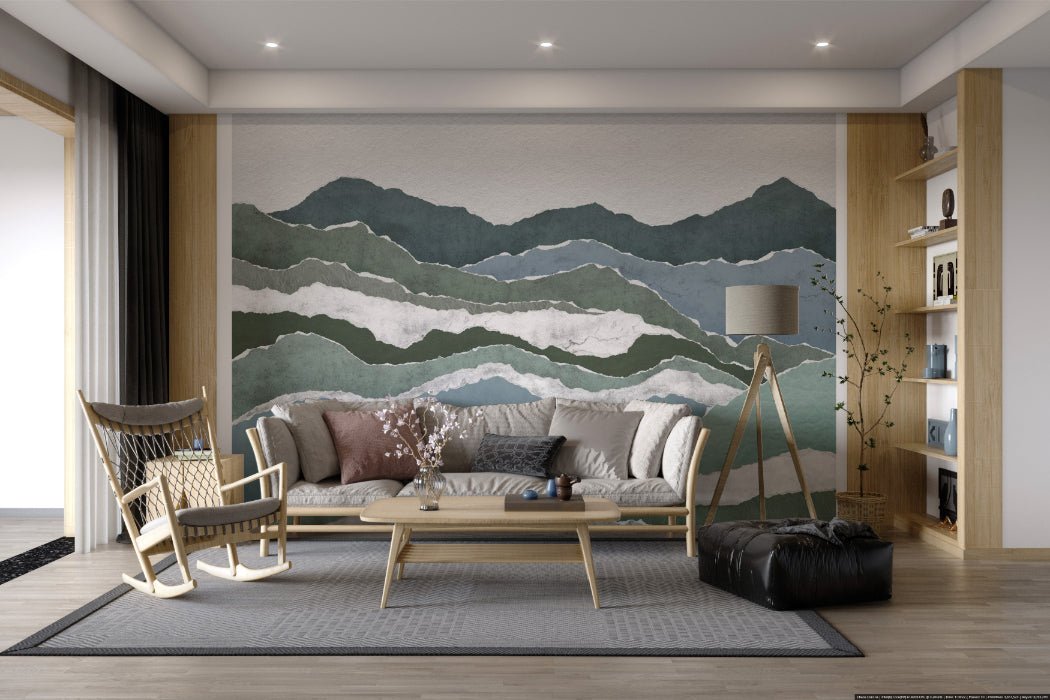 Layered green mountain silhouette wall mural for contemporary seating area.