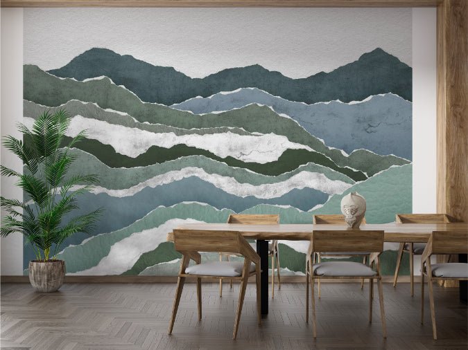 Blue and green paper texture mountain wall mural for modern dining room.