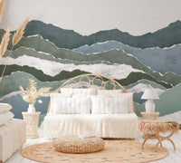 Abstract torn paper mountain wall mural in grey tones.