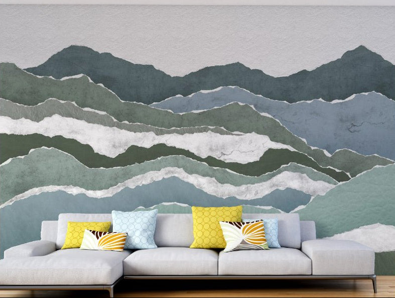 Textured Green Peaks Wall Mural for modern green living room.