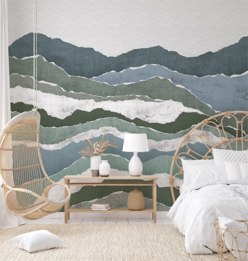 Abstract geometric layered peaks wall mural for neutral bedroom interiors