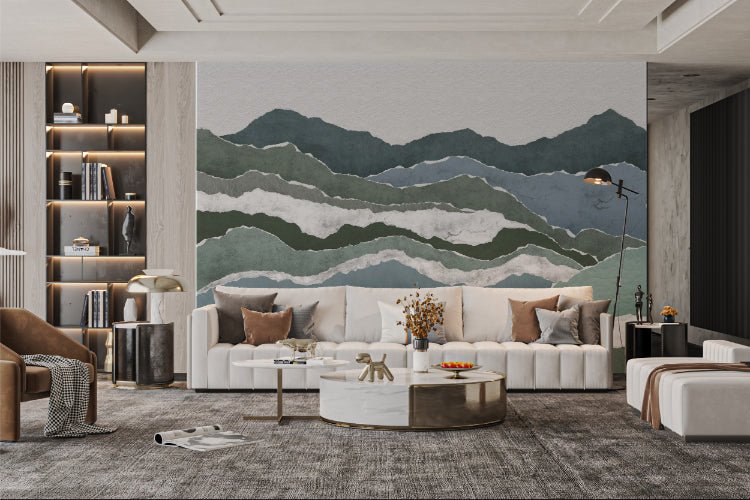 Blue and green torn paper effect wall mural for open plan living room.