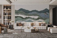 Blue and green torn paper effect wall mural for open plan living room.