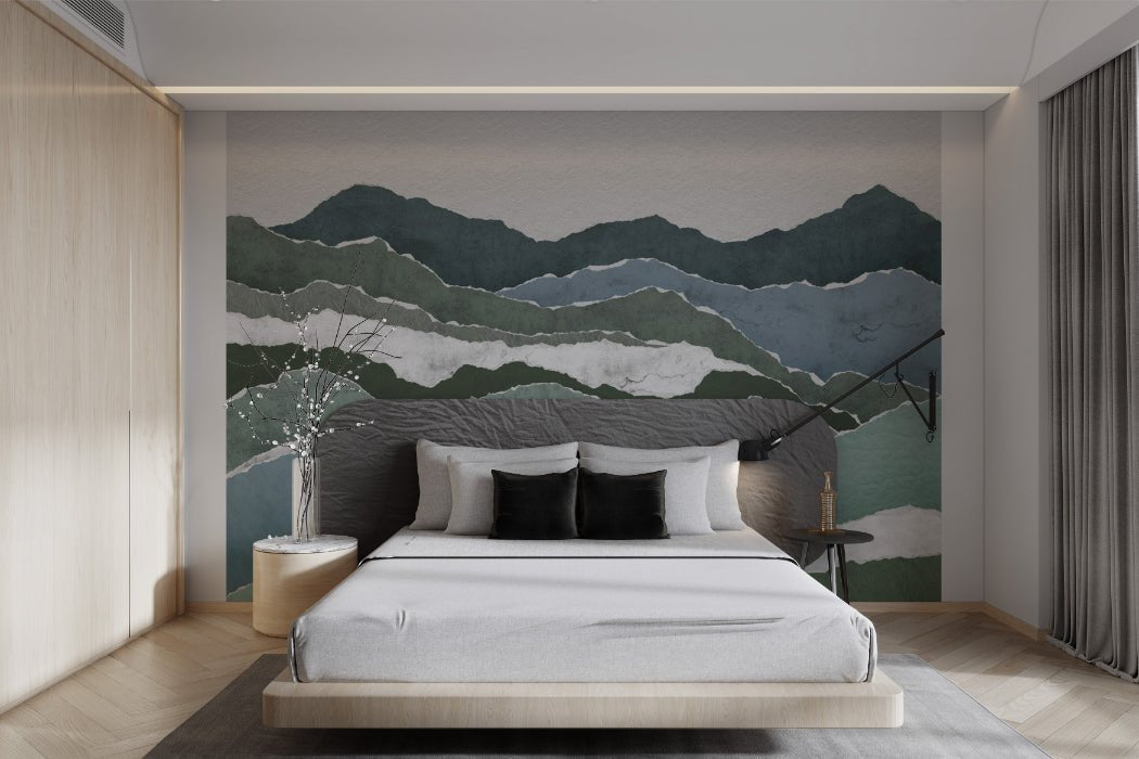 Torn paper mountain landscape wall mural for blue master bedroom.