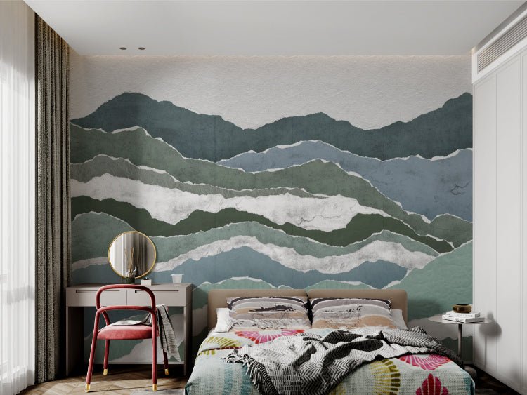Green layered paper mountain landscape wall mural for kids bedroom.