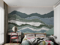 Green layered paper mountain landscape wall mural for kids bedroom.