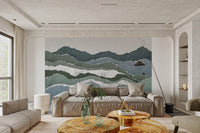 Abstract green and grey layered peaks wall mural for sunlit living room.