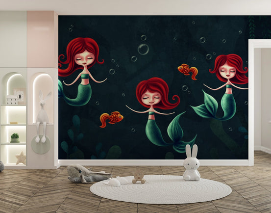 Vibrant mermaid wall mural in a nursery with a round white rug and toys.