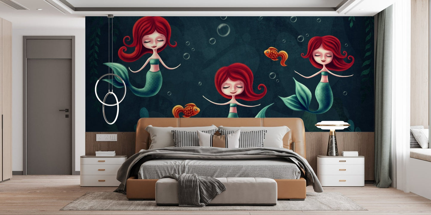 Animated mermaid wall mural on a dark blue background in a modern bedroom.