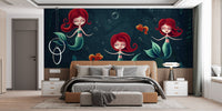 Animated mermaid wall mural on a dark blue background in a modern bedroom.