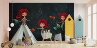 Playful mermaid wall mural in a playroom with a teepee tent and wooden floors.