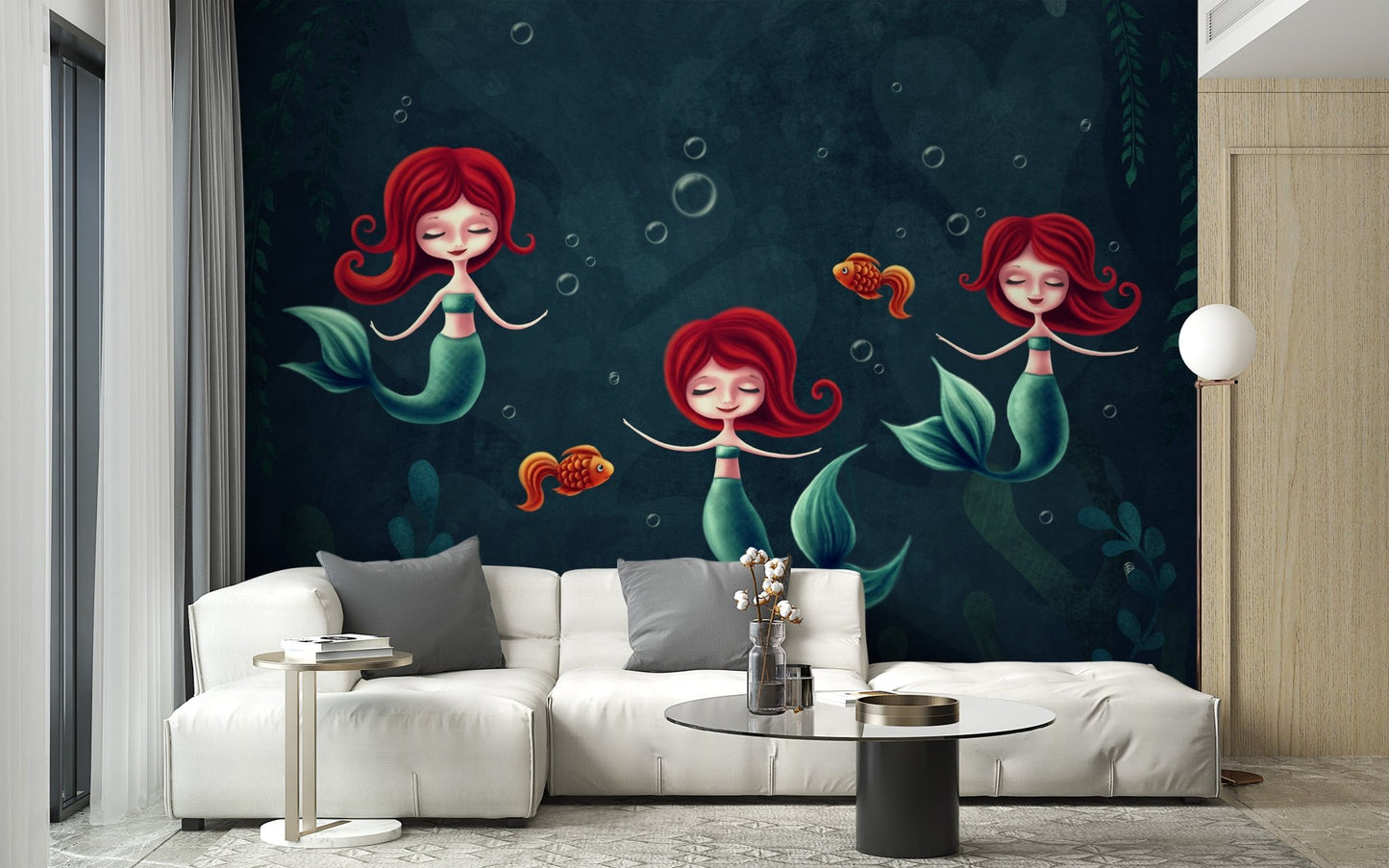 Three Underwater Mermaids Wall Mural in a modern flat.