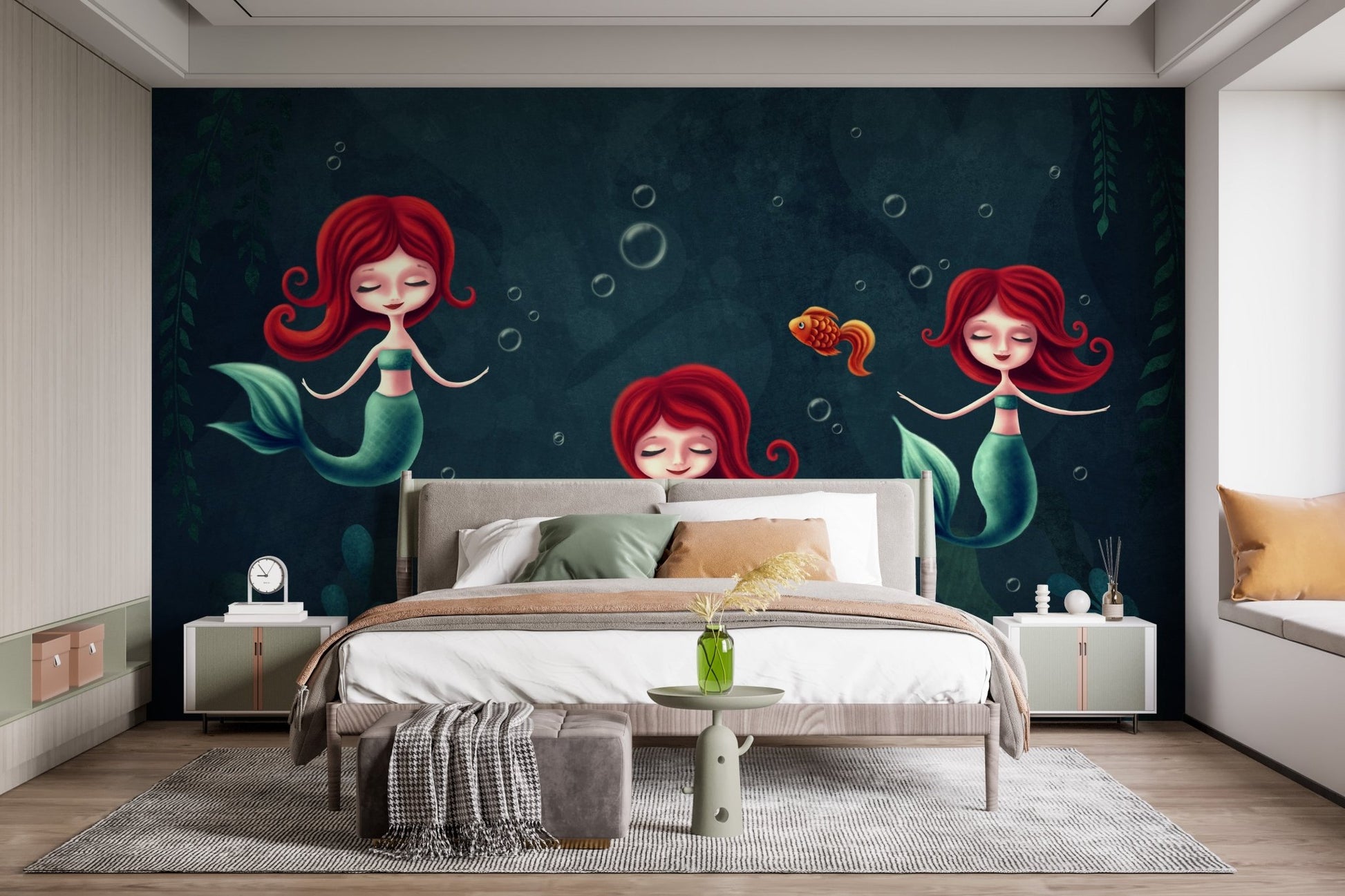 Dark teal underwater wall mural featuring three red haired mermaids and fish.