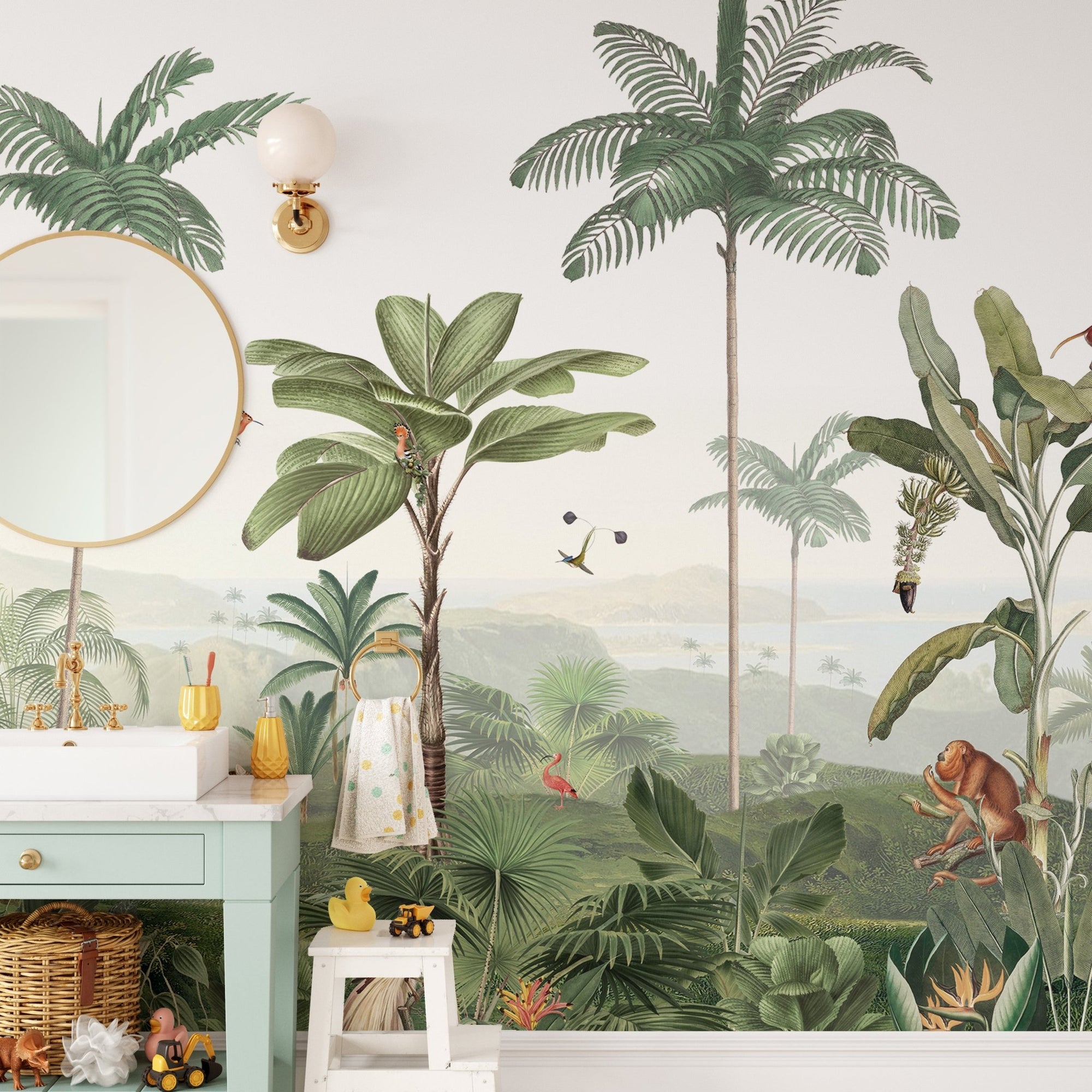 Thrilling tropics wall mural wallpaper with leopard and monkeys.