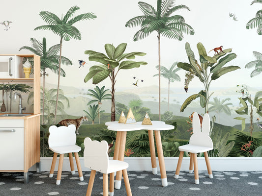 Jungle canopy tropics wallpaper mural with a soft white sky background.