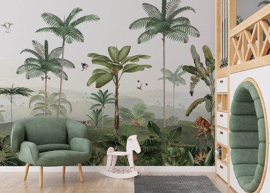 Lush green tropics wall mural featuring exotic palm trees.