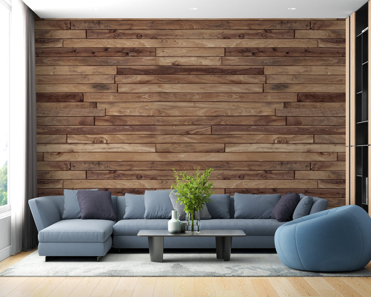 Natural wood grain wallpaper with layered timber plank design for home office.