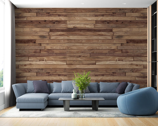 Natural wood grain wallpaper with layered timber plank design for home office.