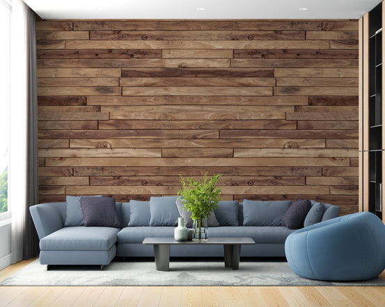 Natural wood grain wallpaper with layered timber plank design for home office.