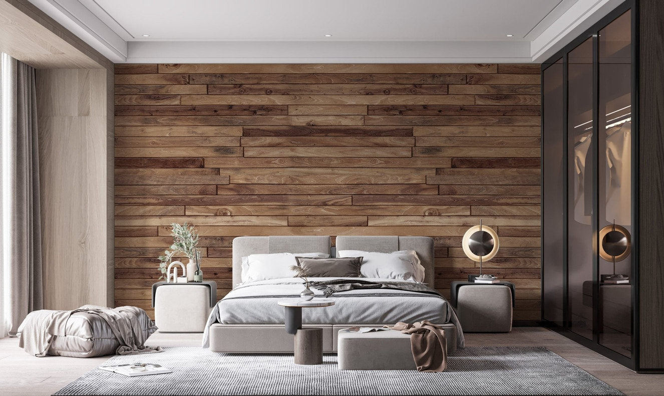 Timber touch elegance wallpaper with rustic wood panel pattern for bedroom backdrop.