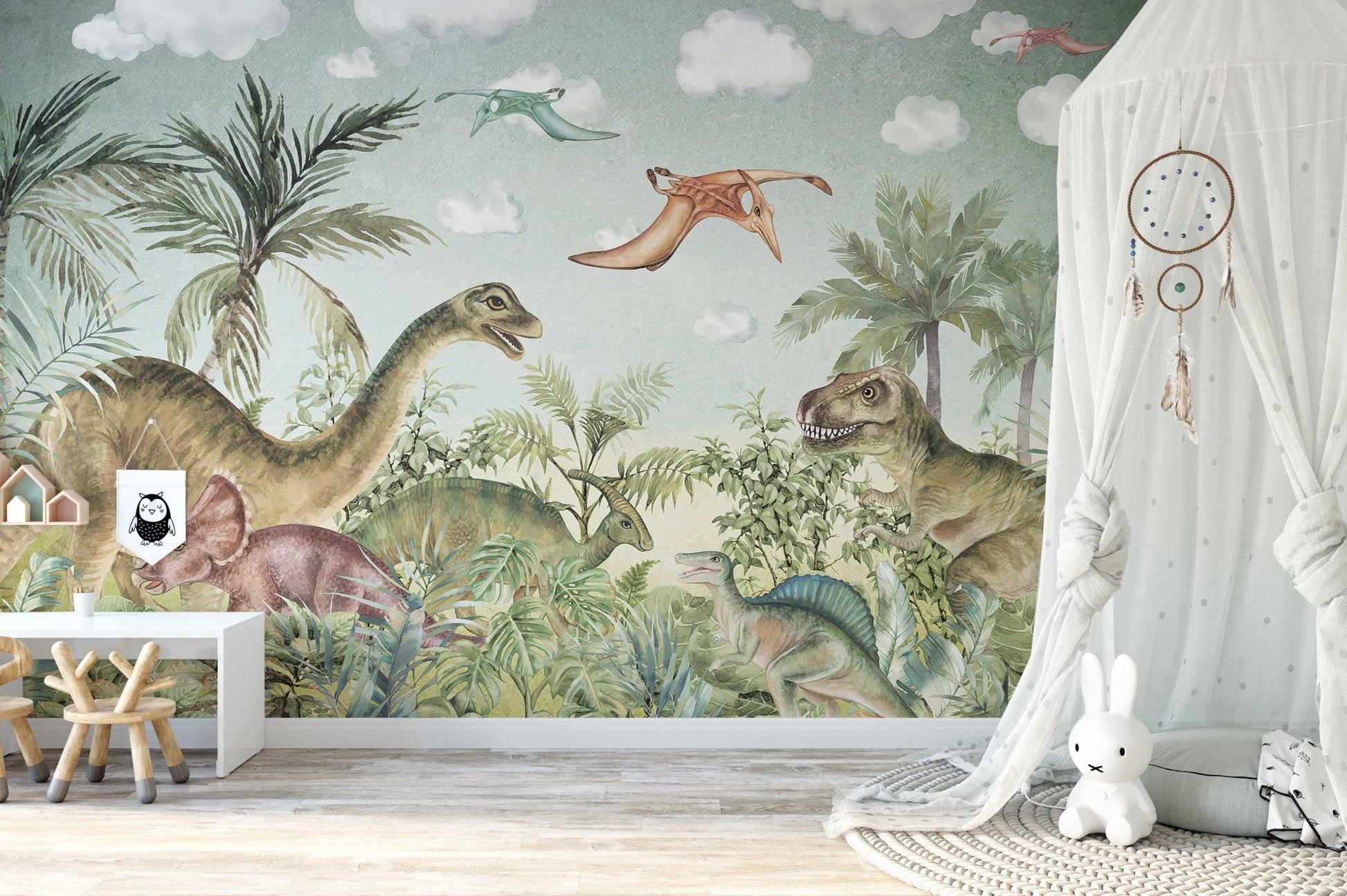 Prehistoric mural with iconic Jurassic animal in a nursery with white canopy.