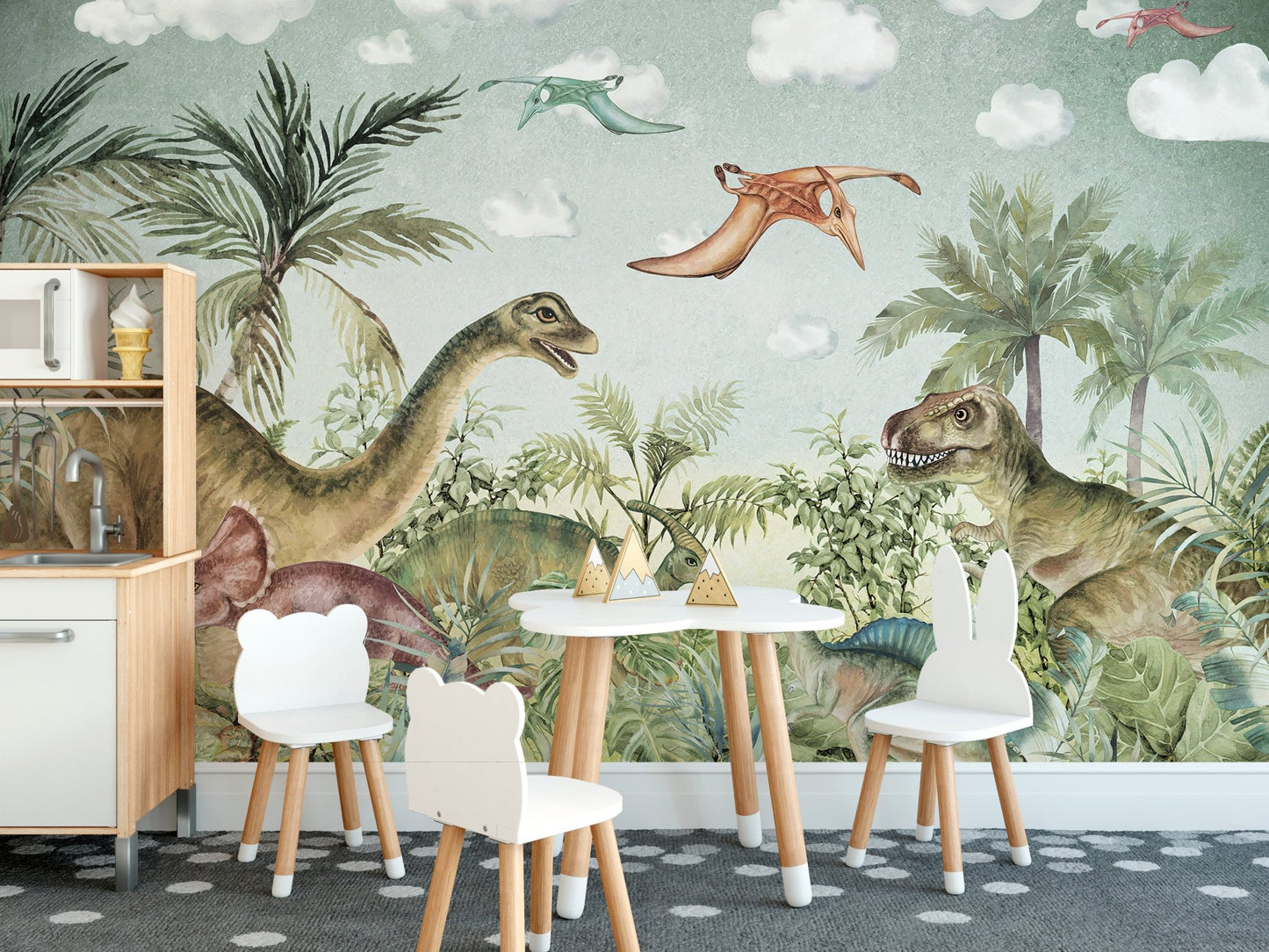 Dinosaur-themed wall mural in a dining area with timeless design