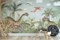Timeless Jurassic wall mural with earthy tones in playroom.