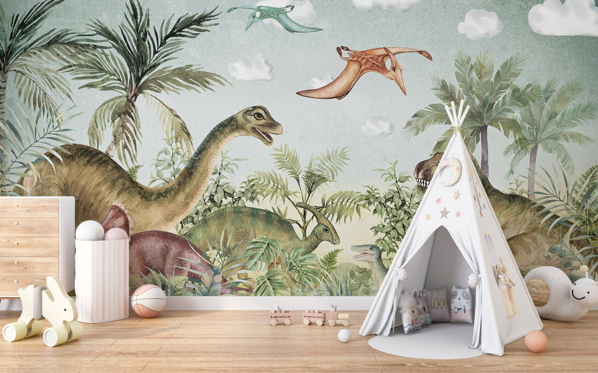 Jurassic era wall mural behind a white fabric teepee tent on wooden floor.