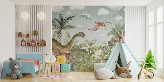 Jurassic era mural with timeless dinosaur scenes in kids bedroom.