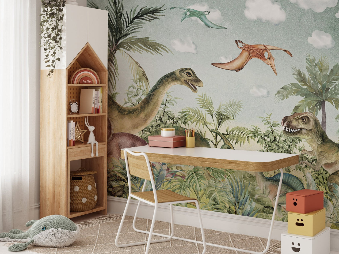 Timeless mural with dinosaurs from the Jurassic era in kids study space.