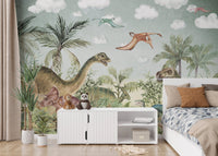 Prehistoric wall mural featuring Jurassic wonders in a children's bedroom.