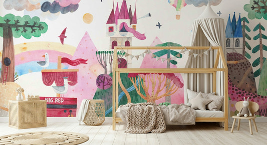 Colorful fairytale timeless tower wall mural for children.