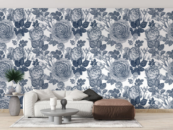 Living room lounge with Tinted Floral Elegance Removable Wallpaper and white couch.